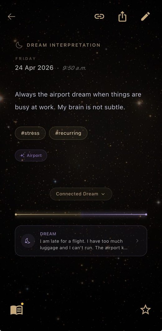 RealAwake Insights screen with a dream interpretation and tags